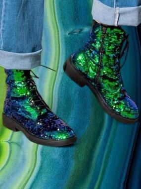Green & Blue Sequin Combat Boots